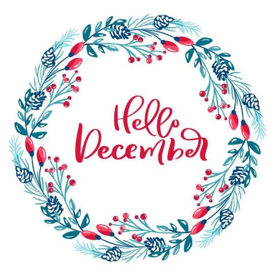 Hello December with a wreath surrounding the words